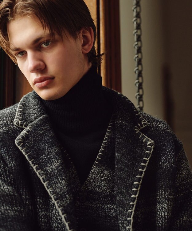 JOSEPH ABBOUD 【キングサイズ・インポート素材/アルパカブレンド/軽い】アルパカブレンドかすりボーダー ニット ジャケット ブラック系2