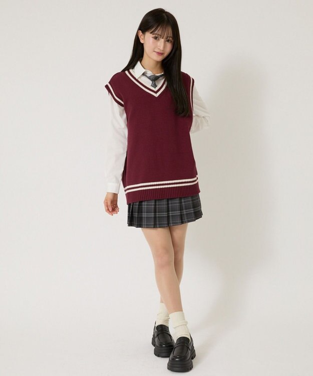WEGO 【SCHOOLITEM】ラインスクールニットベスト ワイン