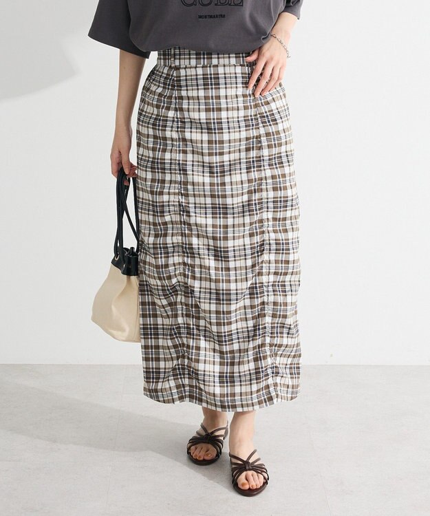 Green Parks チェック柄シャーリングＩラインスカート Khaki
