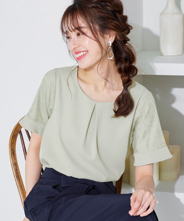 Tiaclasse 【新色追加・洗える】体型カバーも叶うレーススリーブブラウス ミント