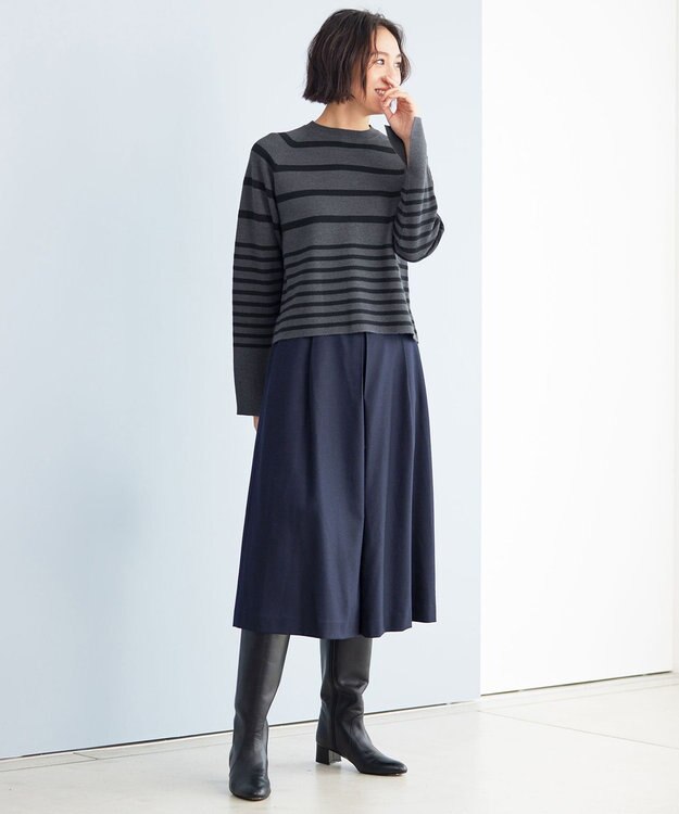 自由区 【スタイリストコラボ・洗える】ウールミラノボーダー ニット チャコール×ネイビー
