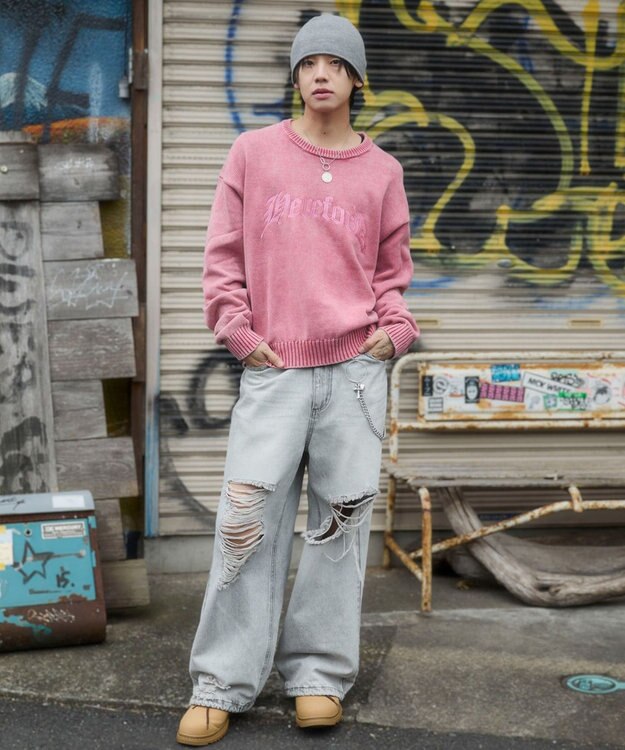 WEGO ブリーチニットグラフィックプルオーバー ピンク