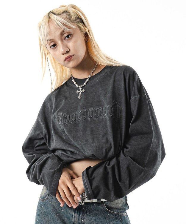 WEGO 【ユニセックス着用ITEM/MLサイズ展開】コールドダイダメージアップリケT（LS） スミクロ