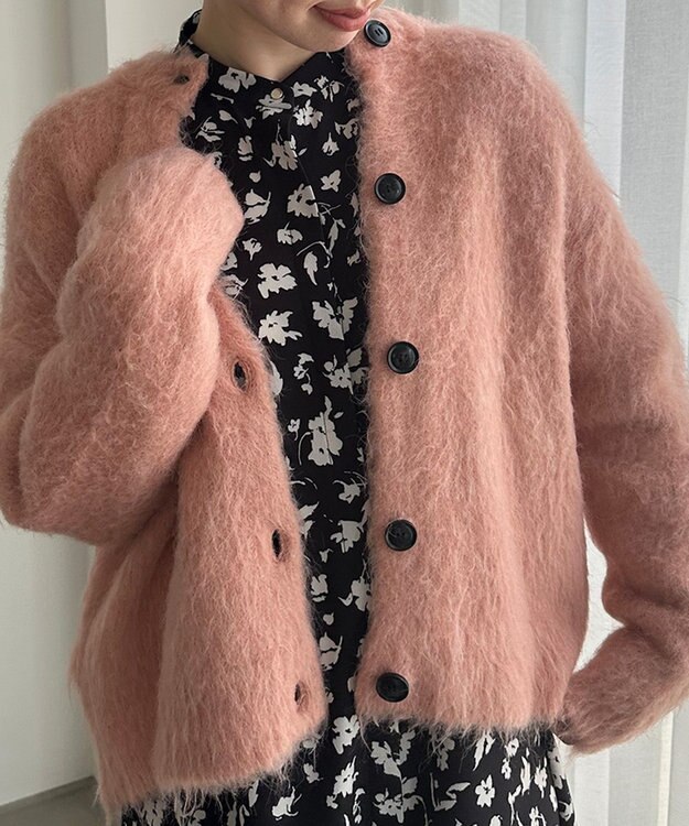 UNFILO 【洗える】アルパカシャギー カーディガン ピンク