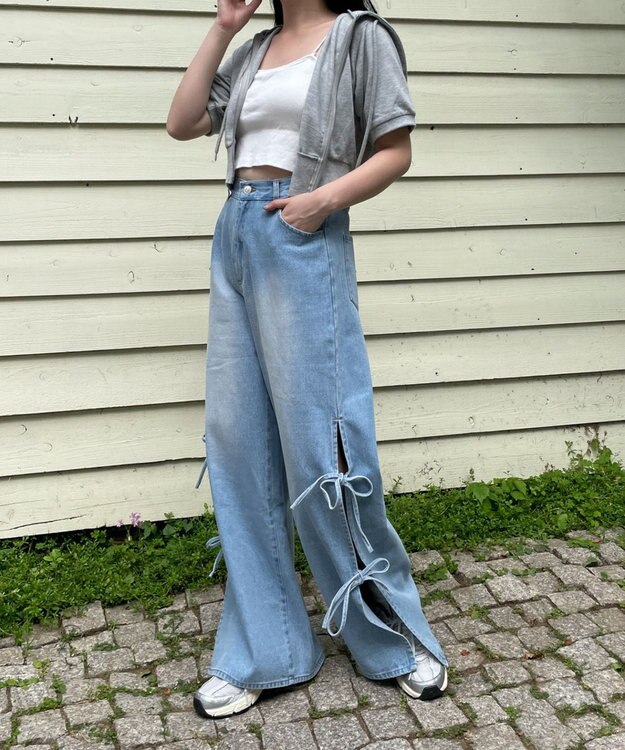 WEGO 【ウエストゴム/楽ちん】サマーデニムサイドリボンパンツ デニム淡色