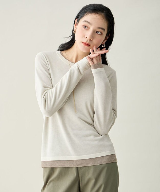 ANY カラーレイヤードニットTシャツ エクリュ×ベージュ