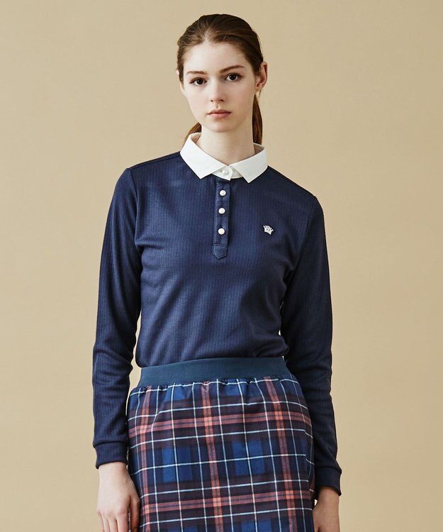 23区GOLF 【WOMEN】【日本製】クレリックカラー 長袖シャツ ネイビー系