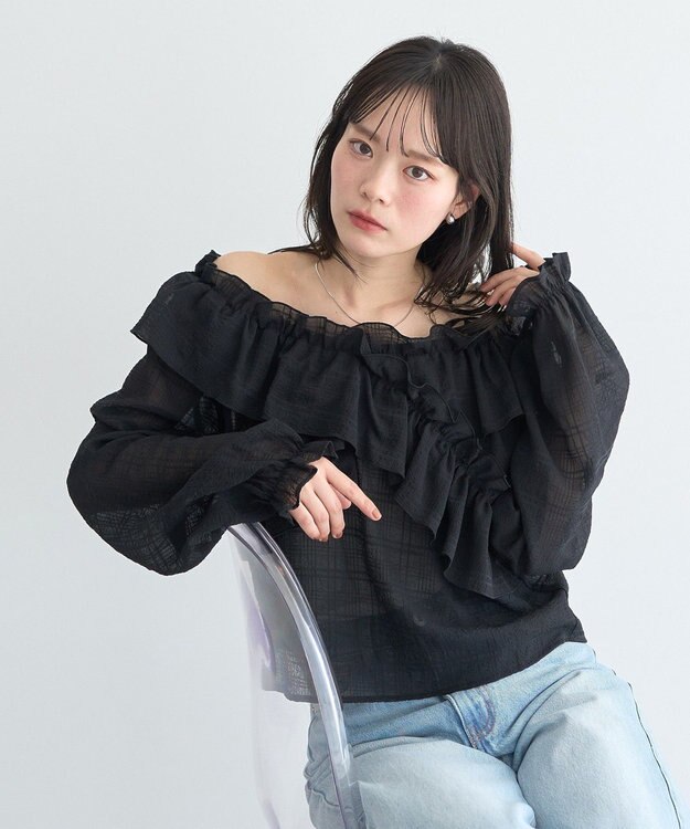 earth music&ecology シアーチェック2wayオフショルブラウス Black