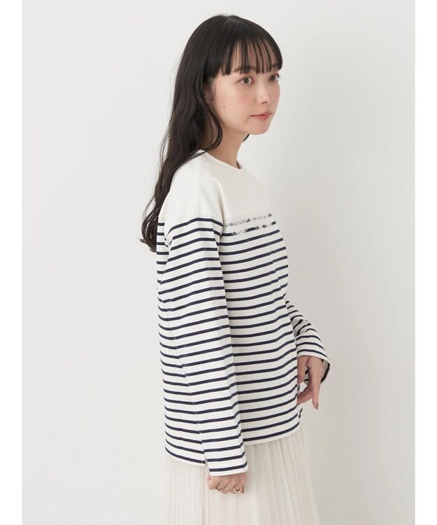 earth music&ecology レースボーダーカットソープルオーバー Navy