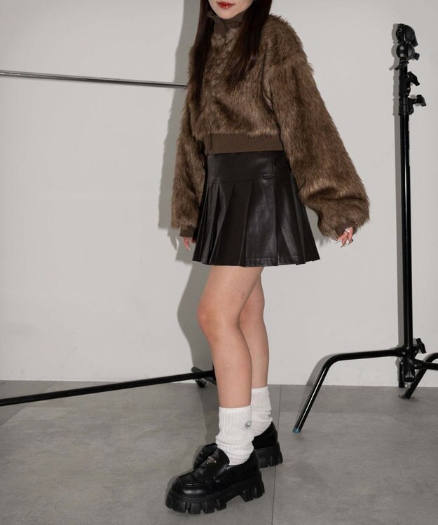 WEGO ヴィンテージライクFレザープリーツスカパン ダークブラウン