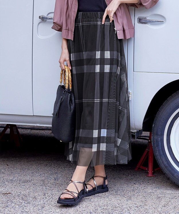 Tiaclasse 【小倉優子さん着用】チュールレースチェックスカート ブラック