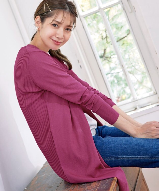 Tiaclasse 【洗える】バックリブプリーツ編みロングカーディガン ピンク