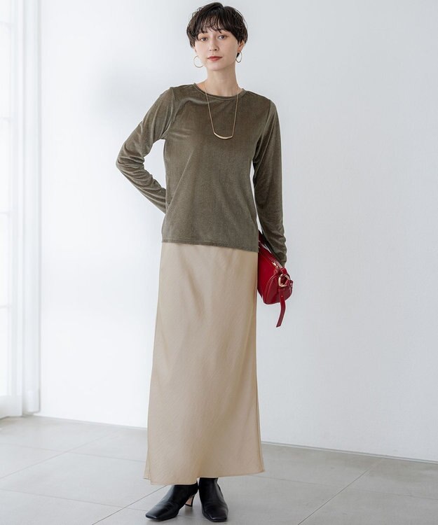 23区 【洗える】シアーベロア ロングスリーブ Tシャツ カーキ系