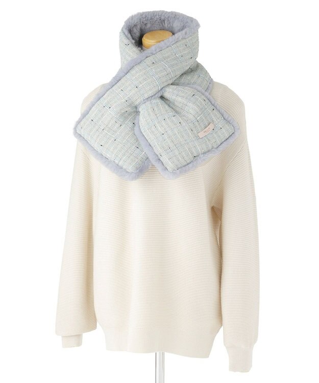 MOONBAT PAUL & JOE ACCESSOIRES フェイクファー×ツイード リバーシブルマフラー サックスブルー