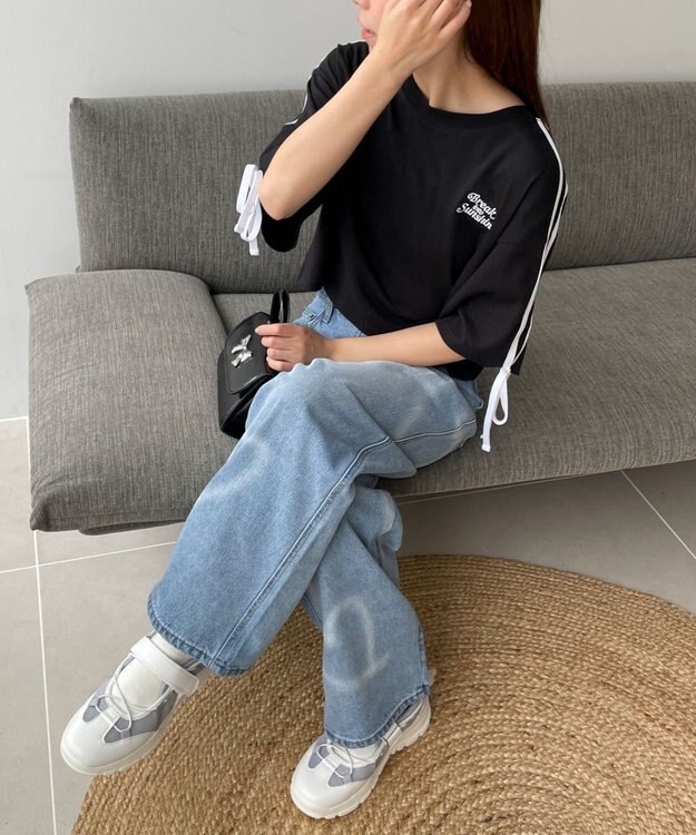 WEGO 2ラインリボングラフィックショートT ブラック