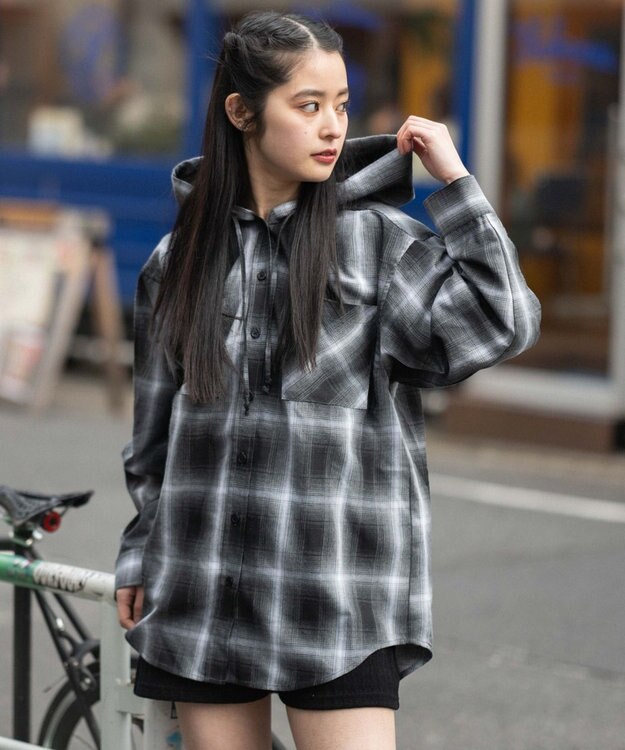 WEGO フードチェックシャツ ブラック