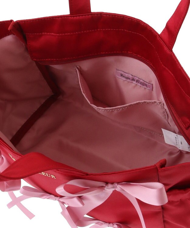 Maison de FLEUR サイドポケットリボンサテントートバッグ Red