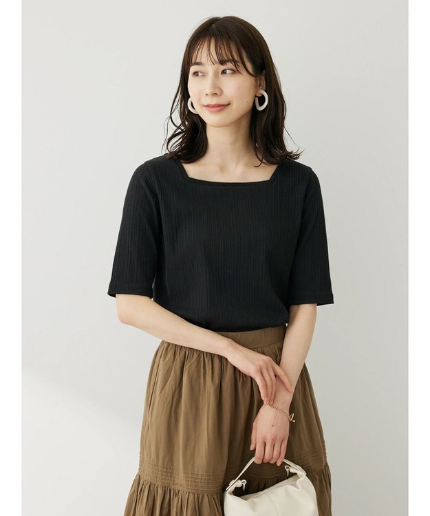 Green Parks 前後２ｗａｙリブ５分袖プルオーバー Black