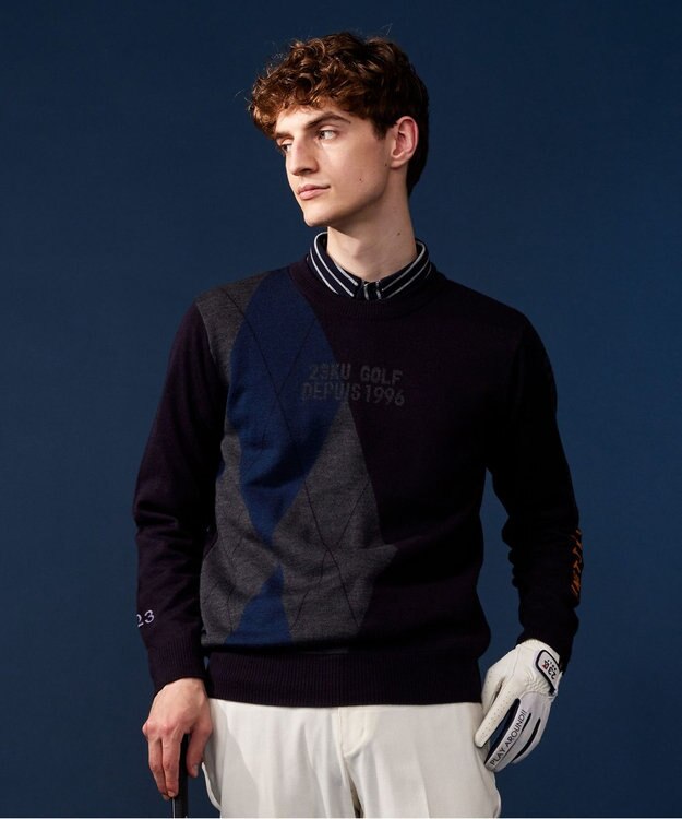 23区GOLF 【MEN】【ウォッシャブル】ウールブレンド アーガイル ニット ネイビー系5