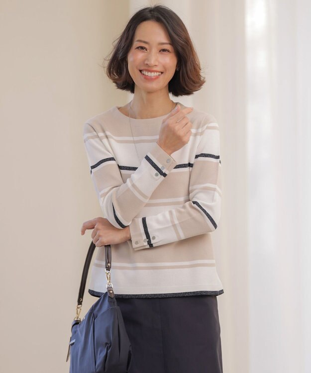 J.PRESS LADIES Cotton Acetate ブロッキング ボーダー ニット ベージュ×ネイビー系
