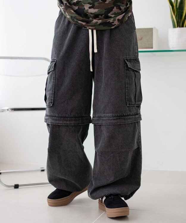 WEGO 【ウエストゴム/2WAY】2WAYデニムカーゴパンツ デニムブラック
