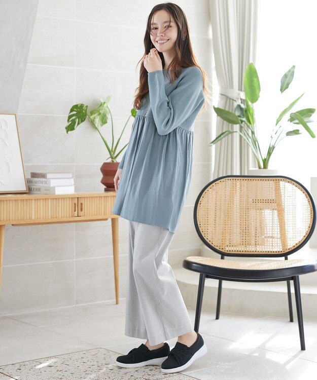 Tiaclasse ストライプストレッチワイドパンツ ブラックストライプ