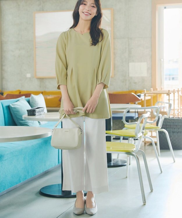 Tiaclasse ストライプストレッチワイドパンツ ベージュストライプ