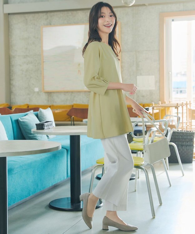 Tiaclasse ストライプストレッチワイドパンツ ベージュストライプ