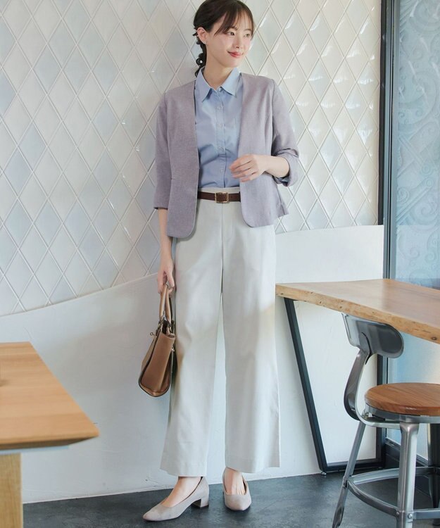 Tiaclasse ストライプストレッチワイドパンツ ベージュストライプ