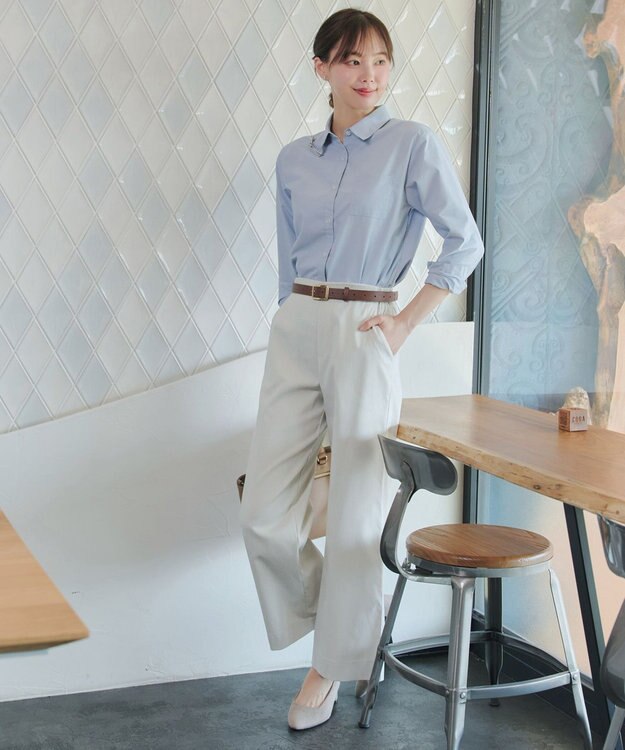 Tiaclasse ストライプストレッチワイドパンツ ベージュストライプ