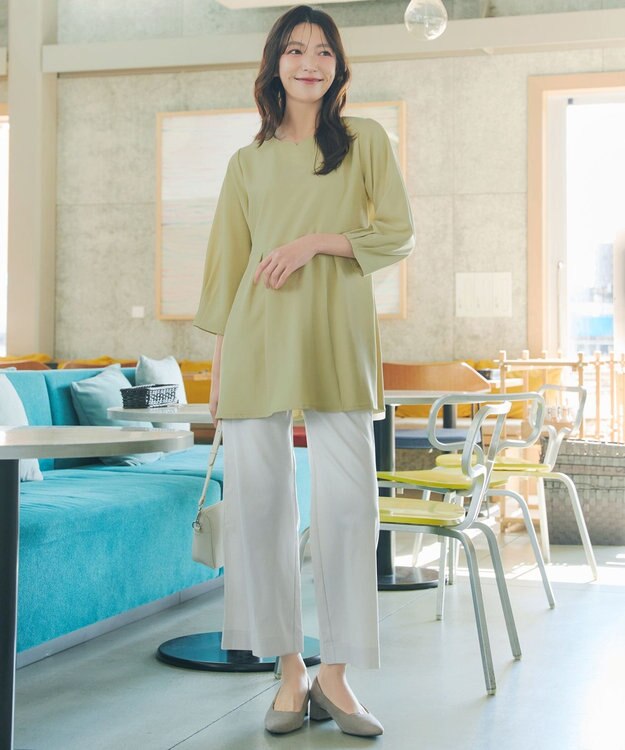 Tiaclasse ストライプストレッチワイドパンツ ベージュストライプ