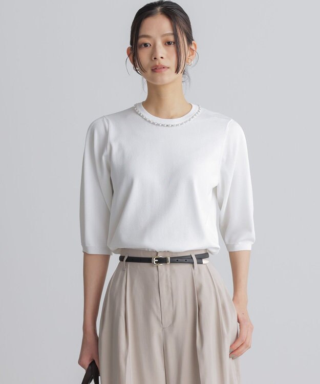 組曲 【WEB限定】クリアストレッチビジューレーン6分袖 ニット ホワイト系