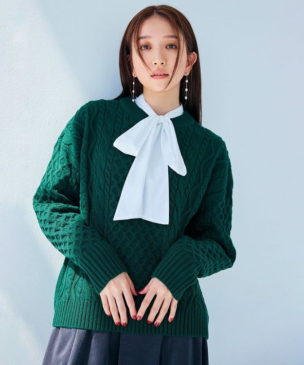 ANY L 【洗濯機可】ソフトタッチケーブルニット グリーン系