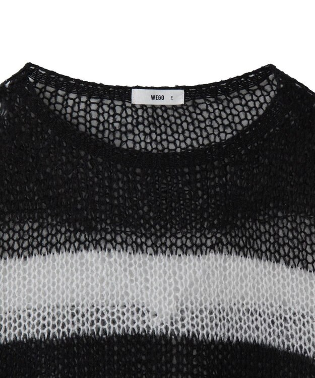 WEGO ボーダーモヘアタッチメッシュニットプルオーバー ホワイト