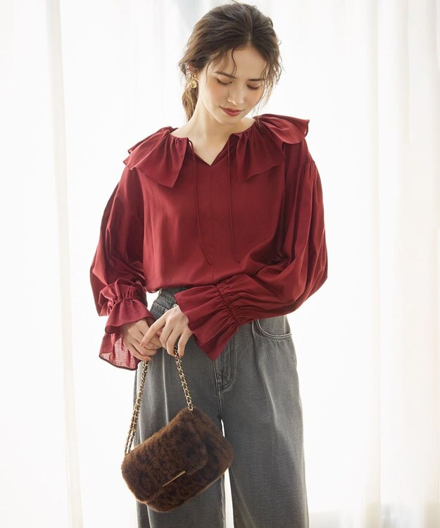 23区 【SLOW/一部店舗限定】テンセルコットンジョーゼット フリル ブラウス ワイン系