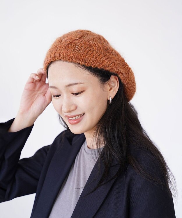 石田製帽 モヘアケーブルニット ベレー帽 ダークオレンジ
