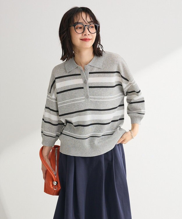 Green Parks 衿付き７分袖ニットプルオーバー Gray Mixture