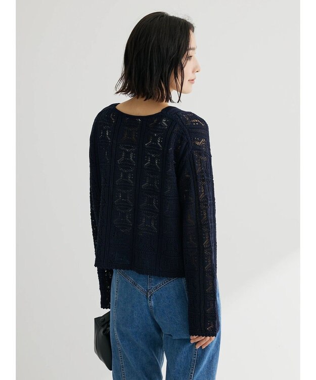 Green Parks 格子柄編みニットカーディガン Navy