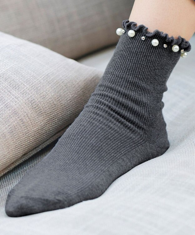 Tiaclasse パール付きフリルソックス グレー