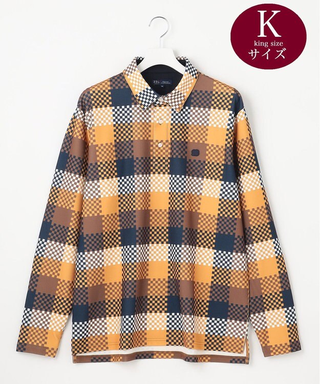 23区GOLF 【MEN/キングサイズ】【吸水速乾・UVケア】 チェック柄プリント 長袖シャツ イエロー系3