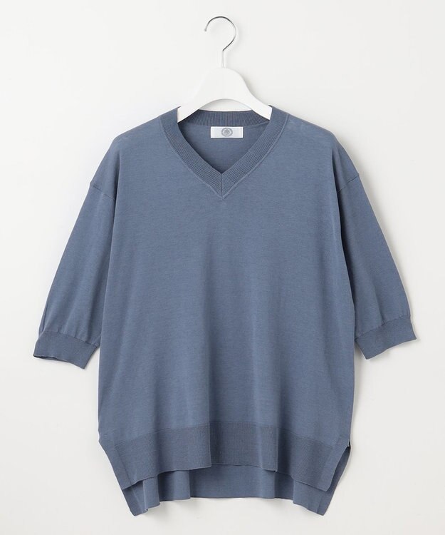 J.PRESS LADIES L 【洗える】COTTON LINEN Vネック ニット ダルブルー系