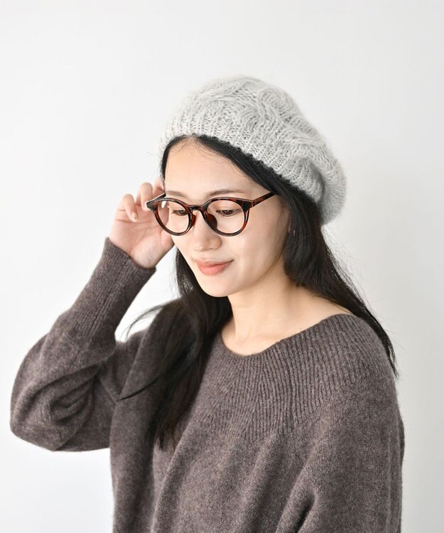 石田製帽 モヘアケーブルニット ベレー帽 ライトグレー