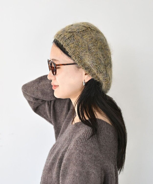 石田製帽 モヘアケーブルニット ベレー帽 グリーン