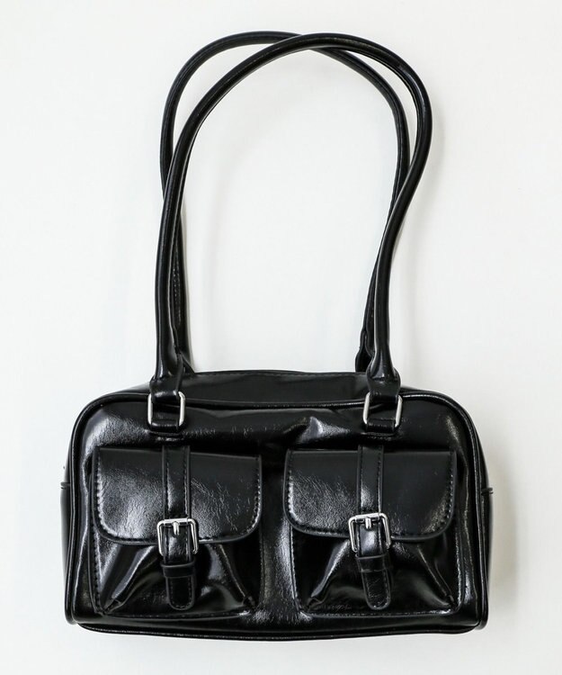 WEGO ベルト2ポケットデザインボストンバッグ ブラック