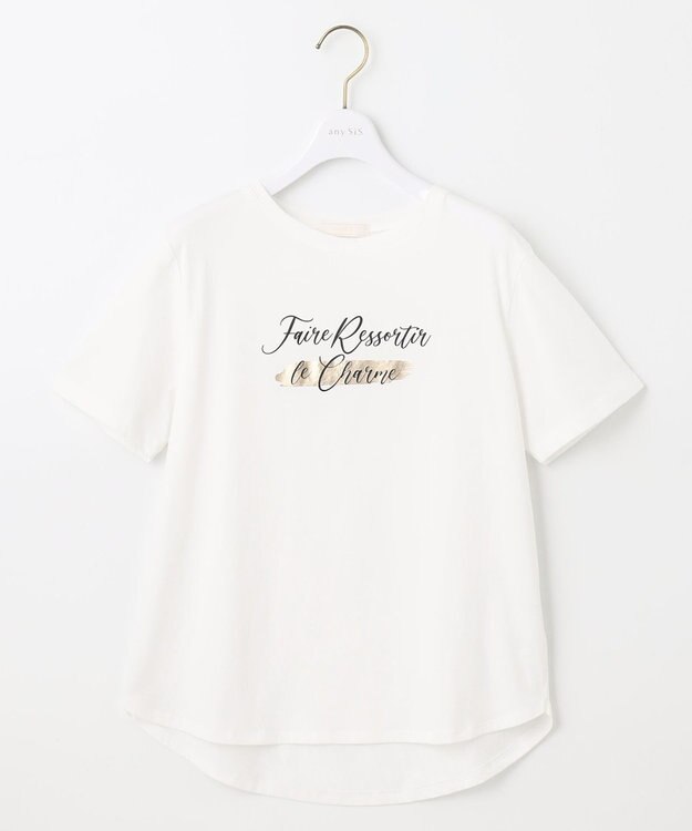 ANY SIS 箔プリントロゴ Tシャツ オフ×ロゴ