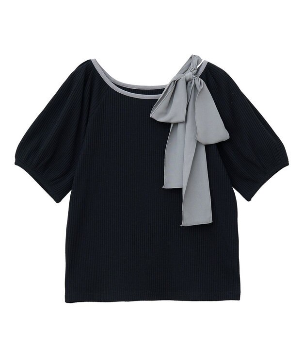 earth music&ecology アシメ肩リボンカットソー Black