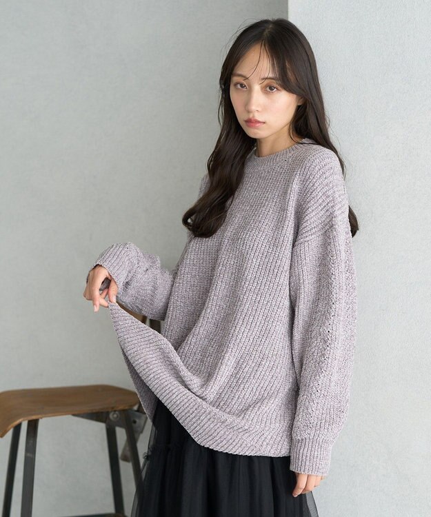 earth music&ecology シャイニーベロアチュニック Gray Beige