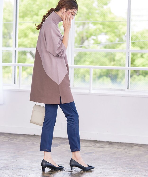 Tiaclasse 【洗える】配色ドルマンニットチュニック グレージュ