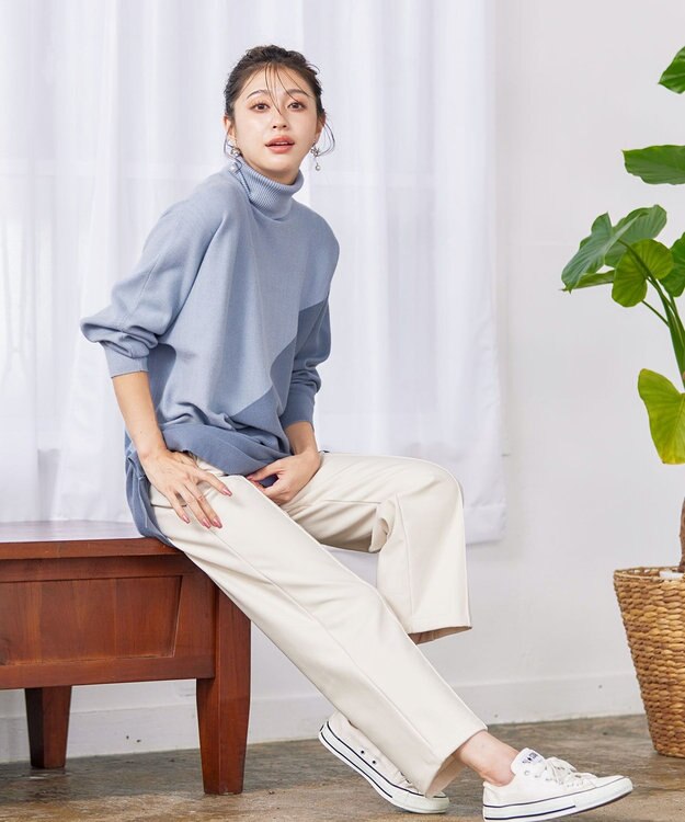 Tiaclasse L 【洗える】配色ドルマンニットチュニック サックス