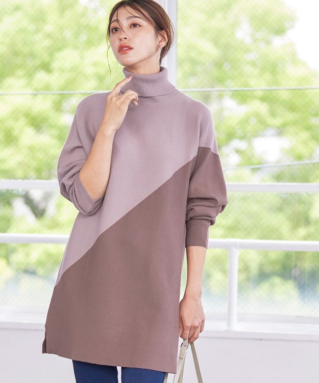 Tiaclasse 【洗える】配色ドルマンニットチュニック グレージュ